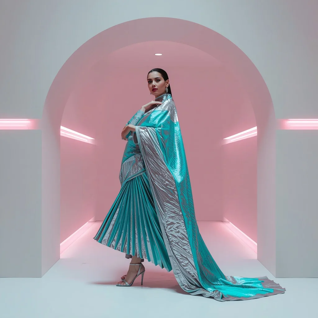 Holographic Cyan Chrome Saree with Floating Archway