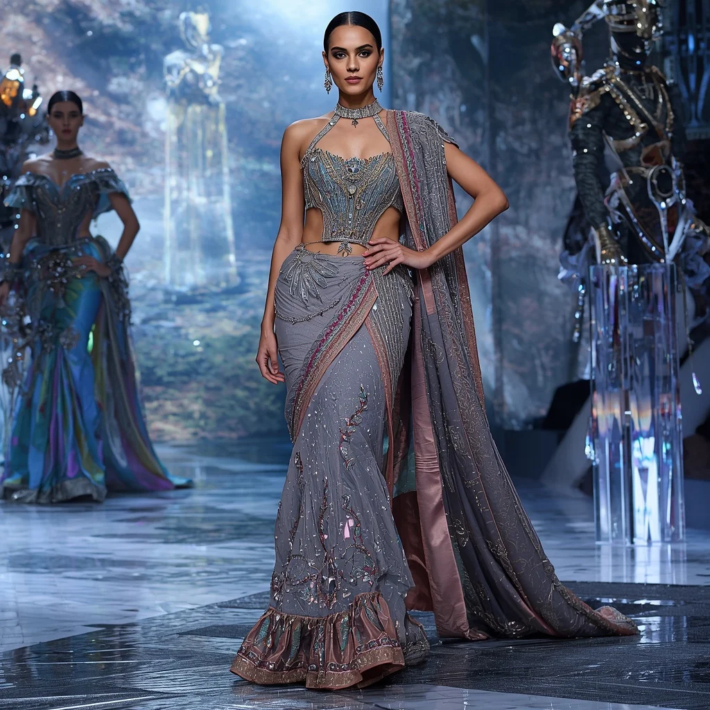 Holographic Diamond Royale Saree with Infinity Prism Reflection Observatory | Trending Prompt Girls