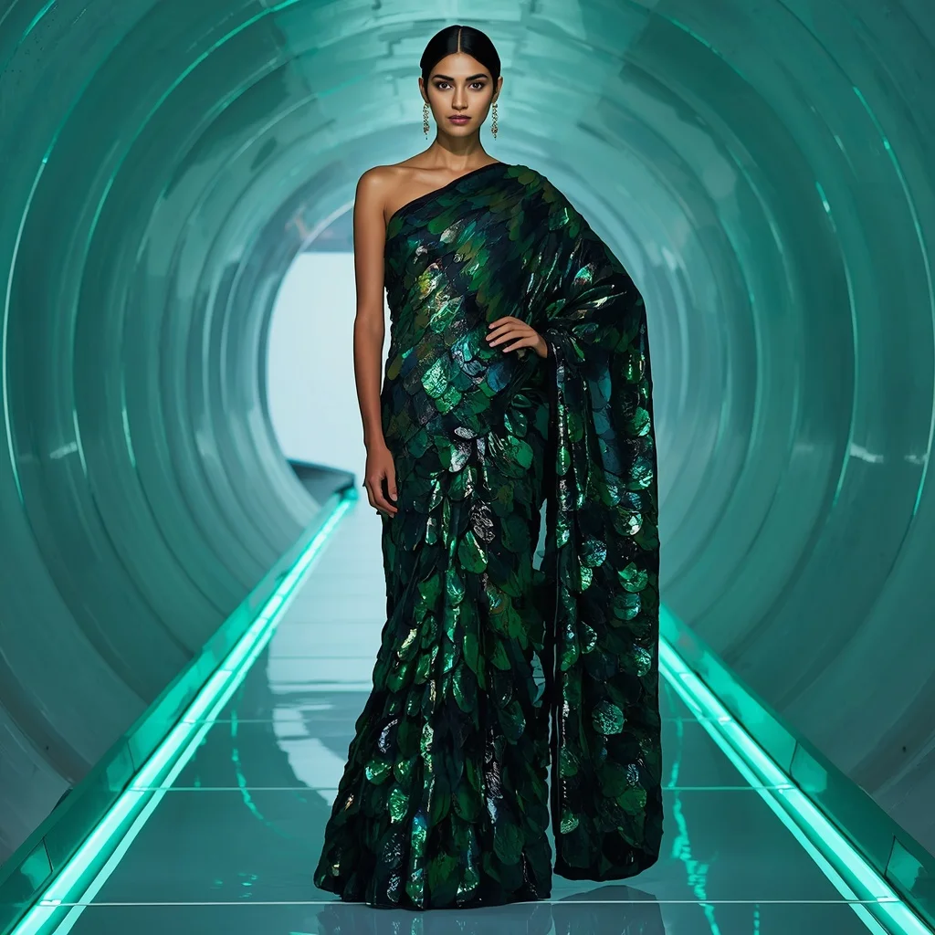 Holographic Emerald and Obsidian Glass-Scale Saree with Biometric LED Tunnel | Viral Instagram Ai Prompt