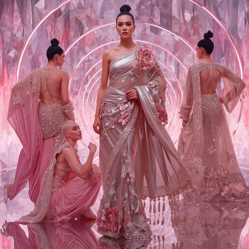Holographic Lotus Flame Saree with Infinity Bloom Crystal Sanctuary | Prompt Ai