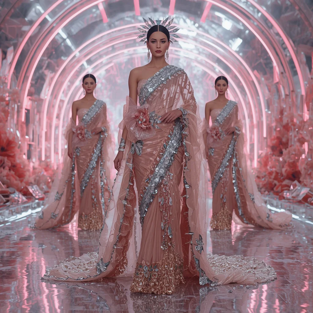 Holographic Lotus Flame Saree with Infinity Bloom Crystal Sanctuary | Image To Prompt