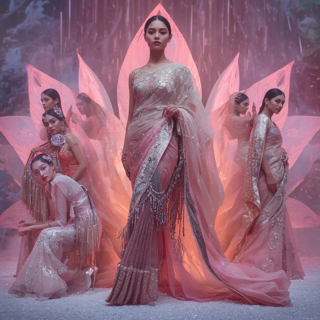 Holographic Lotus Flame Saree with Infinity Bloom Crystal Temple | Editing Prompt Girl Aesthetic