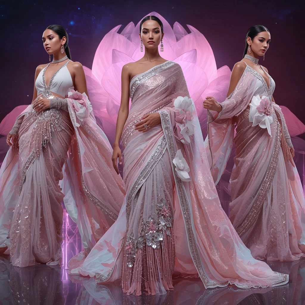 Holographic Lotus Flame Saree with Infinity Bloom Galaxy Temple | Flux Ai Prompt