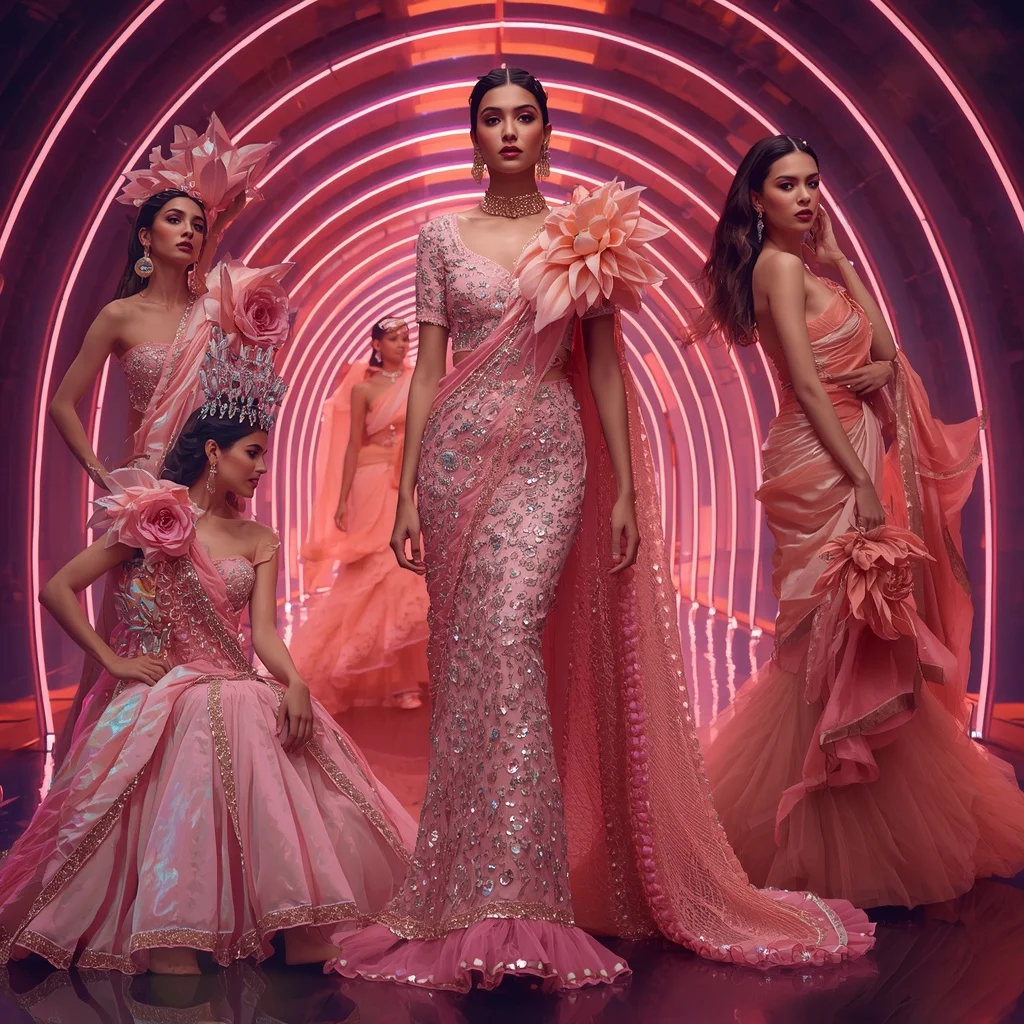Holographic Lotus Flame Saree with Infinity Bloom Hall | Female Model Ai Prompt