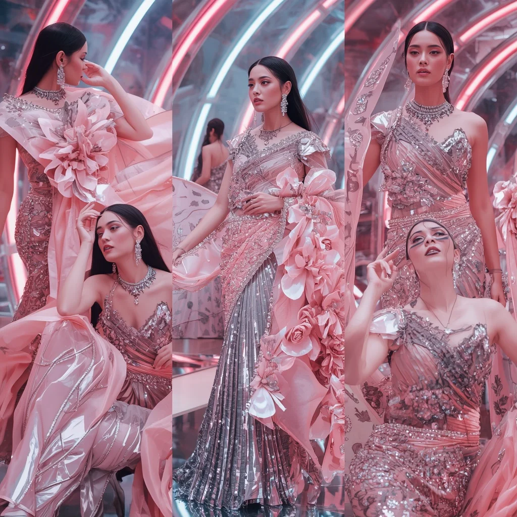 Holographic Lotus Flame Saree with Infinity Bloom Mirror Palace | Trending Girl Photo Prompt