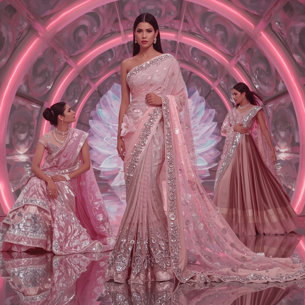 Holographic Lotus Flame Saree with Infinity Bloom Sanctuary | Influencers Ai Prompt