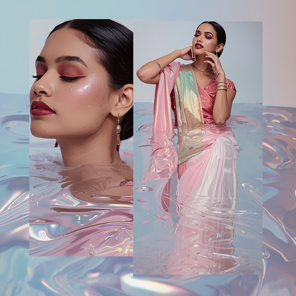 Holographic Metallic Fluid Ripple Aesthetic For Premium Pastel Saree Styling | Saree Instagram Ai Prompt
