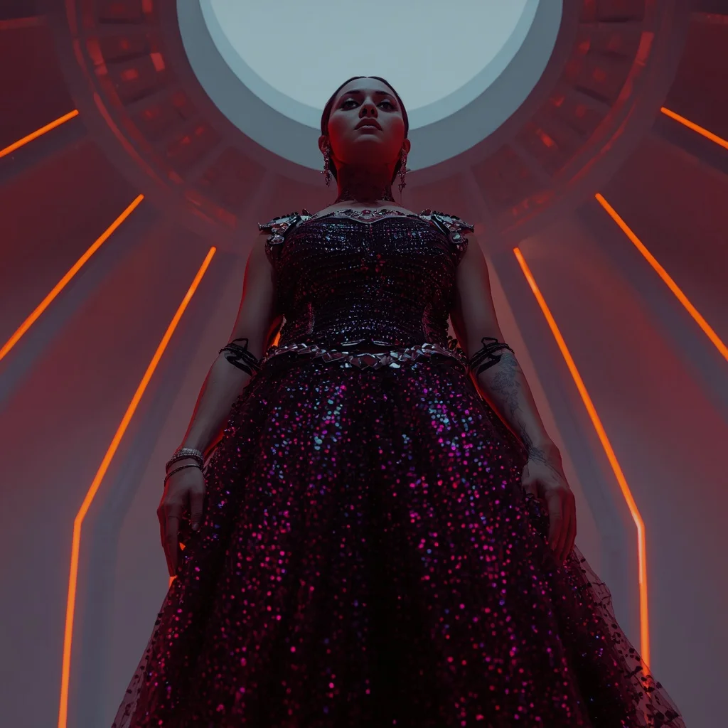 Holographic Ruby and Obsidian Armor Saree with Geometric Light Dome | Cinematic Ai Prompt