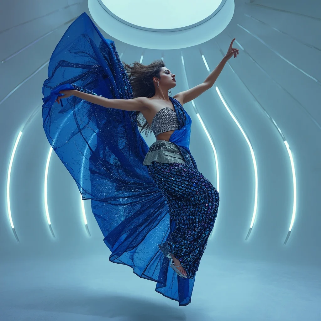 Holographic Sapphire and Molten Platinum Saree with Glowing Helix Dome | 4k Ai Prompt