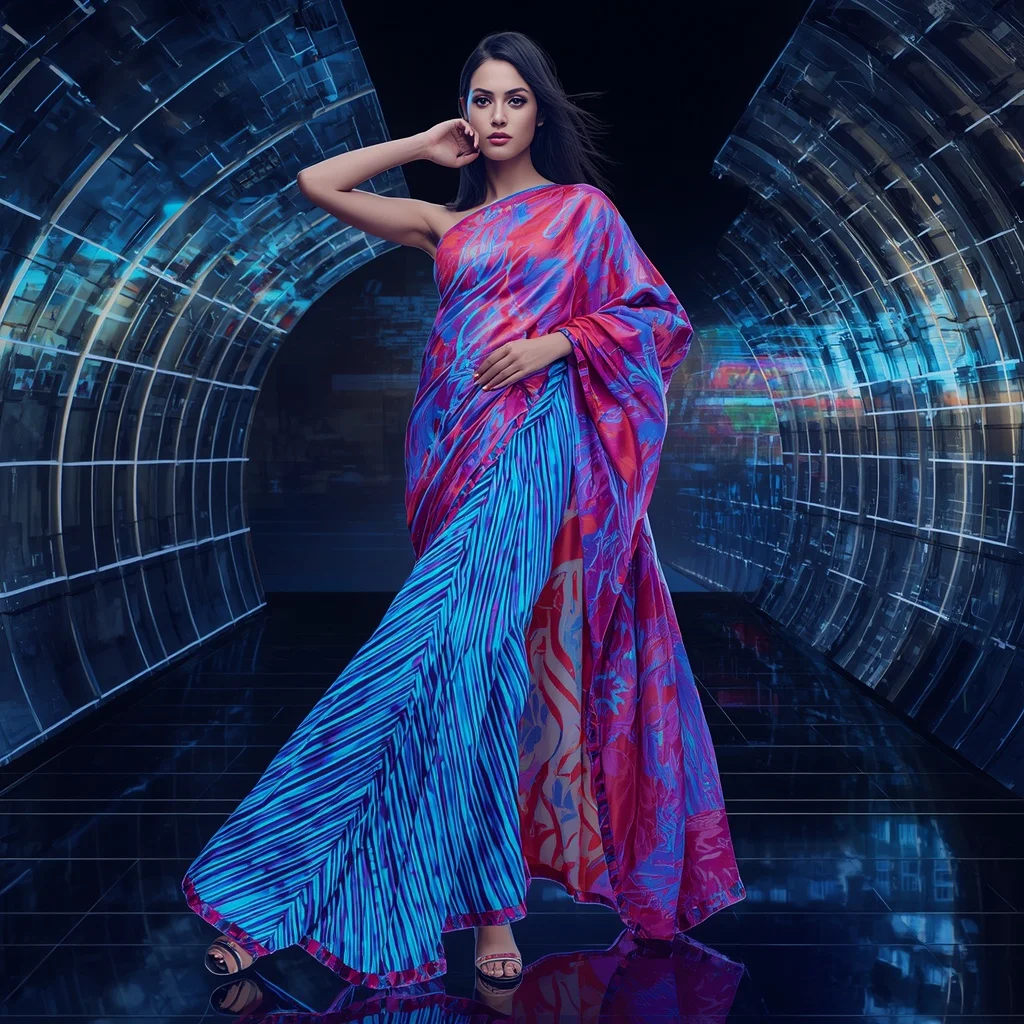 Holographic Silk Rift Saree with Digital Dimension Split Field | Anime Ai Prompt