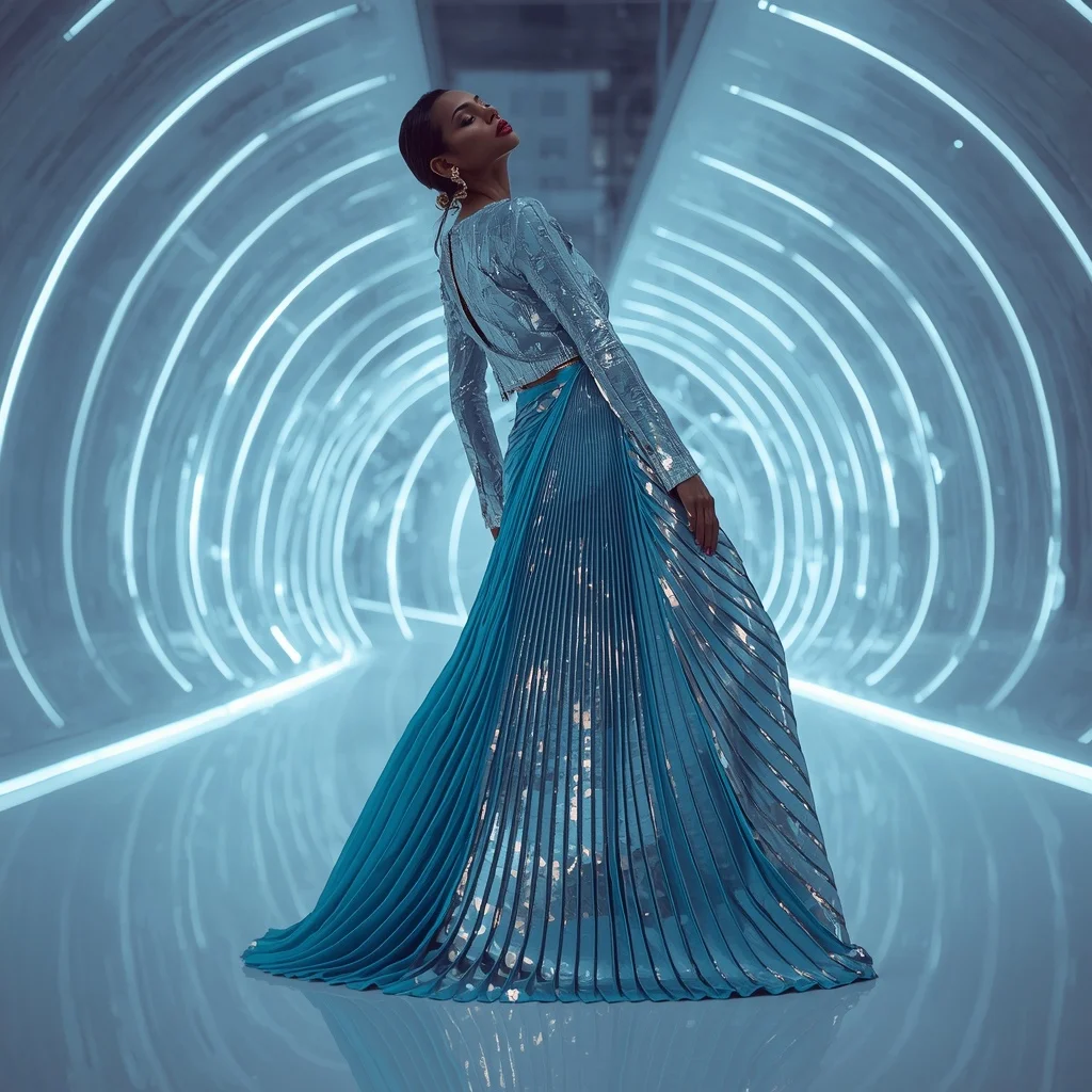 Holographic Silver and Electric Cyan Saree in Digital Atrium | Copy Paste Ai Prompt