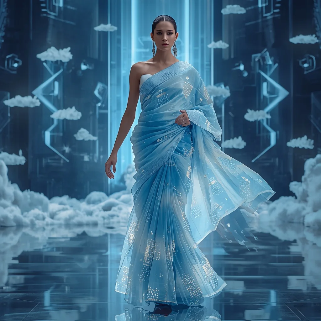 Holographic Sky Fabric Saree with Floating Cloud Code | Desi Girl Ai Prompt
