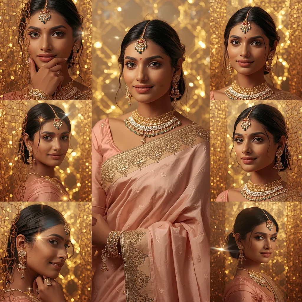 Honeycomb Gold Light Pastel Saree Indian Woman Premium Collage | Prompt For Girls Chatgpt