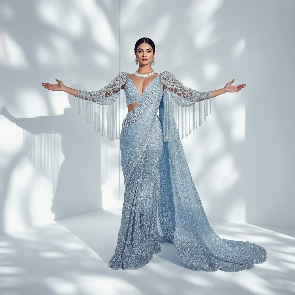 Ice Blue Heavy Threadwork Saree with Cascading Crystal Cape | Instagram Model Ai Prompt