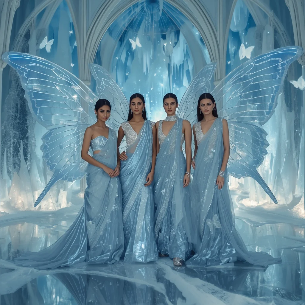 Ice Crystal Butterfly Saree Models with Frozen Aurora Cathedral Background | Makeup Ai Prompt