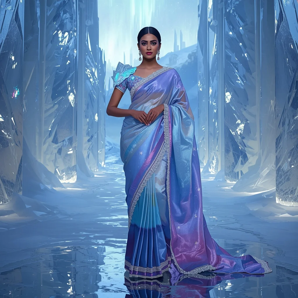 Ice Crystal Infinity Aurora Galaxy Void Festival Saree With Frozen Cosmic Empire Scene | Prompt Seen Trending Girl 2026