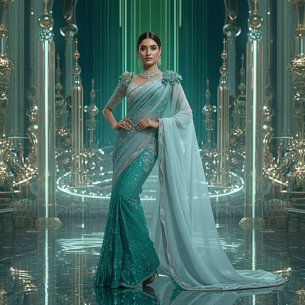 Ice Emerald Opal Saree with Luxe Bloom Crown Imperial Prism Realm | Ai Selfie Prompt