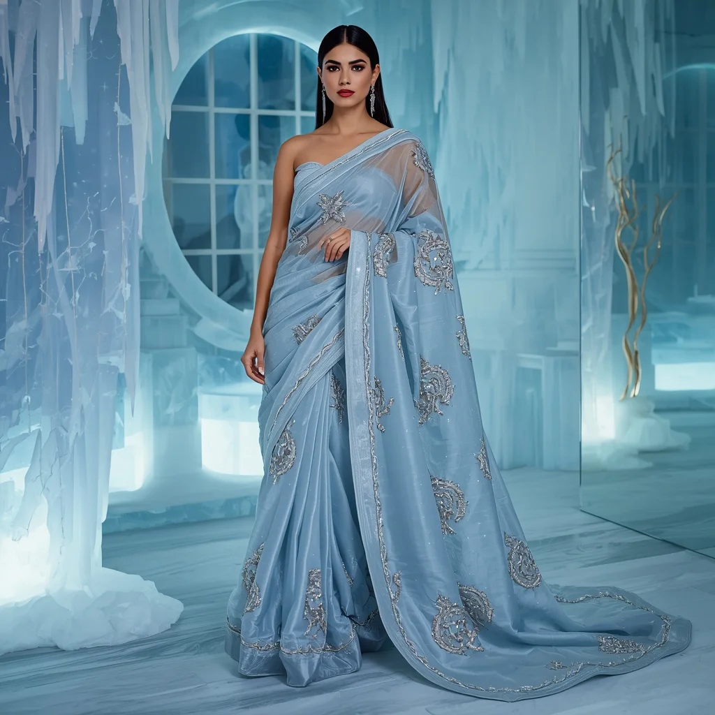 Ice Mirror Frost Nova Eclipse Saree – Modern Glam Saree with Window Glow Pose and Frost Nova Eclipse Lounge Background | Instagram Carousel Ai Prompt