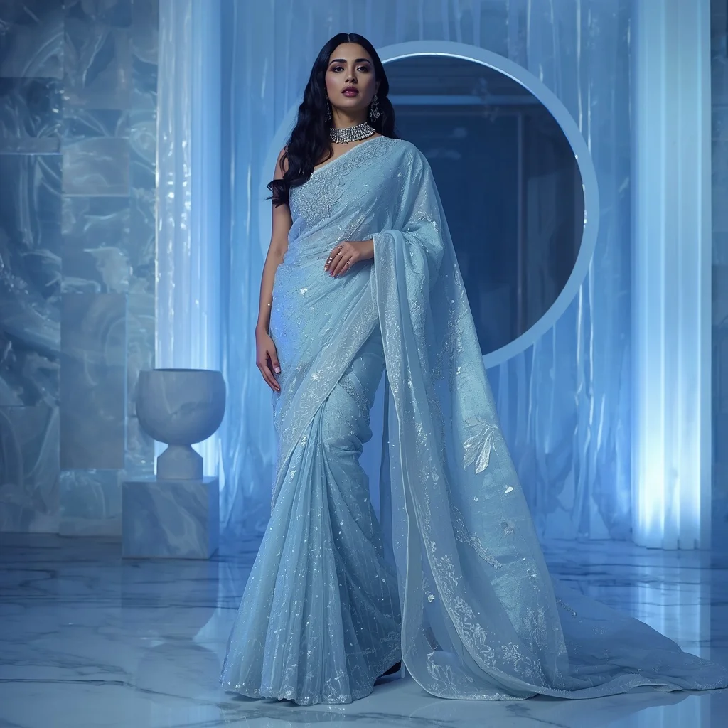 Ice Mirror Frostnova Eclipse Saree – Modern Glam Saree with Window Glow Pose and Frostnova Eclipse Lounge Background | Korean Ai Prompt