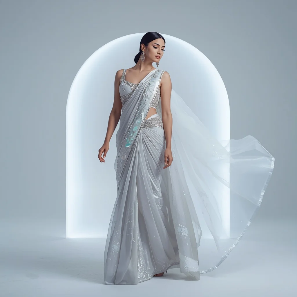 Ice Moon Nebula Driftveil Saree – Elegant Designer Saree with Soft Hover Pose and Nebula Drift Dome Background | Image To Prompt