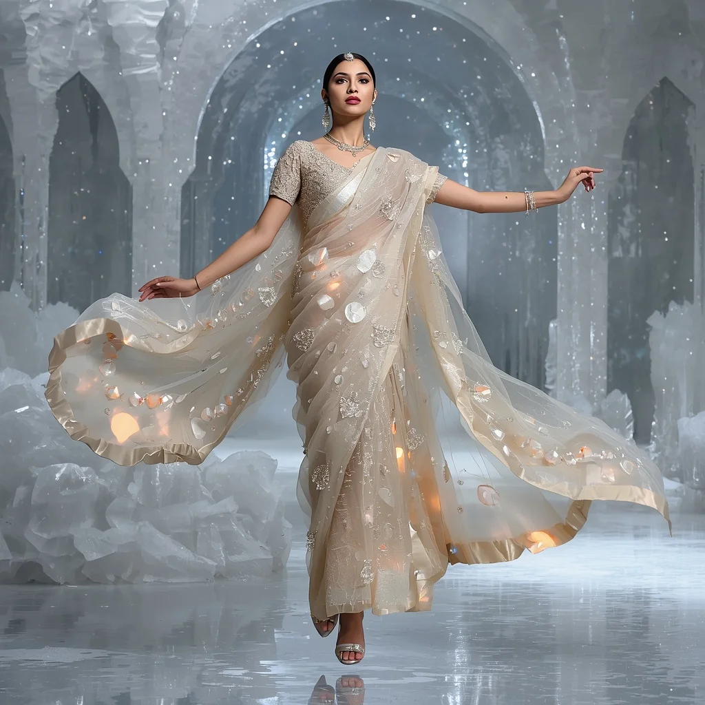 Ice Pearl Eclipse Saree – Luxury Glam Saree with Floating Pose and Frozen Eclipse Crystal Hall Background | Prompt Seen Trending Girl Instagram