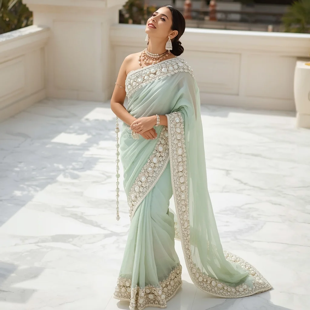 Icy Mint Heavy Macrame & Pearl Border Saree | Looking Up at Sky Pose | Prompt For Gemini