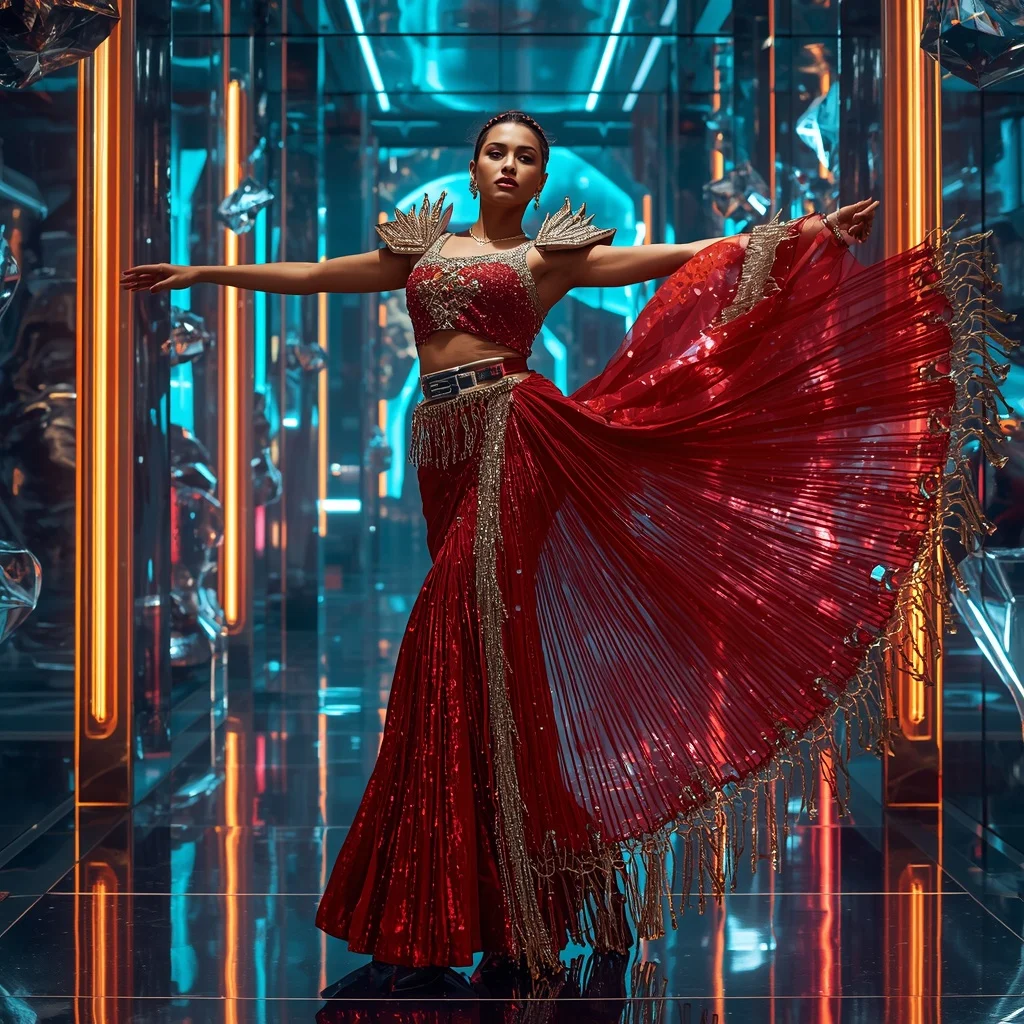 Inferno Aurora Maharani Saree with Floating Neon Crystal Gates | Influencer Ai Prompt