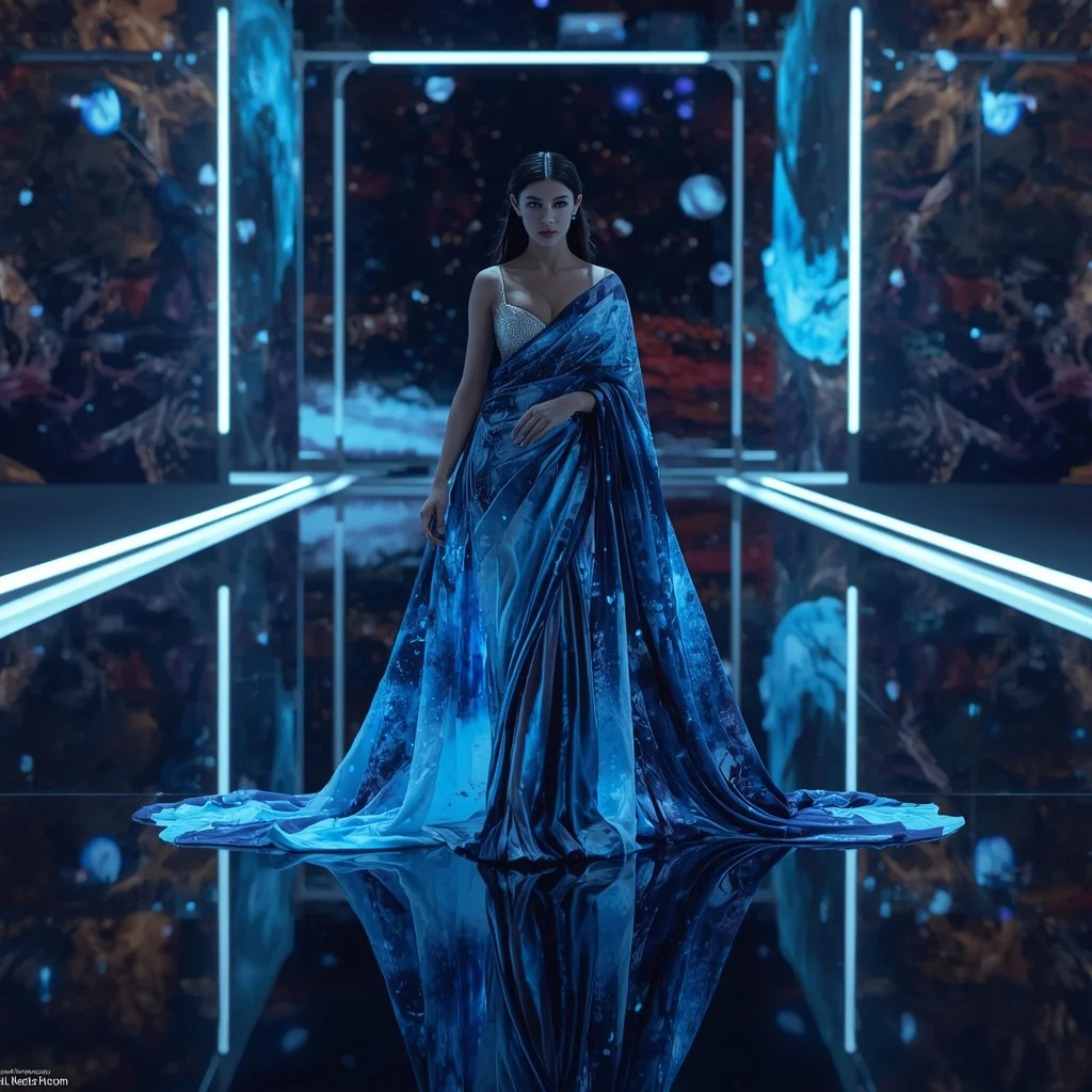 Infinite Horizon Liquid Saree with Space Reflection Floor | Instagram Aesthetic Ai Prompt