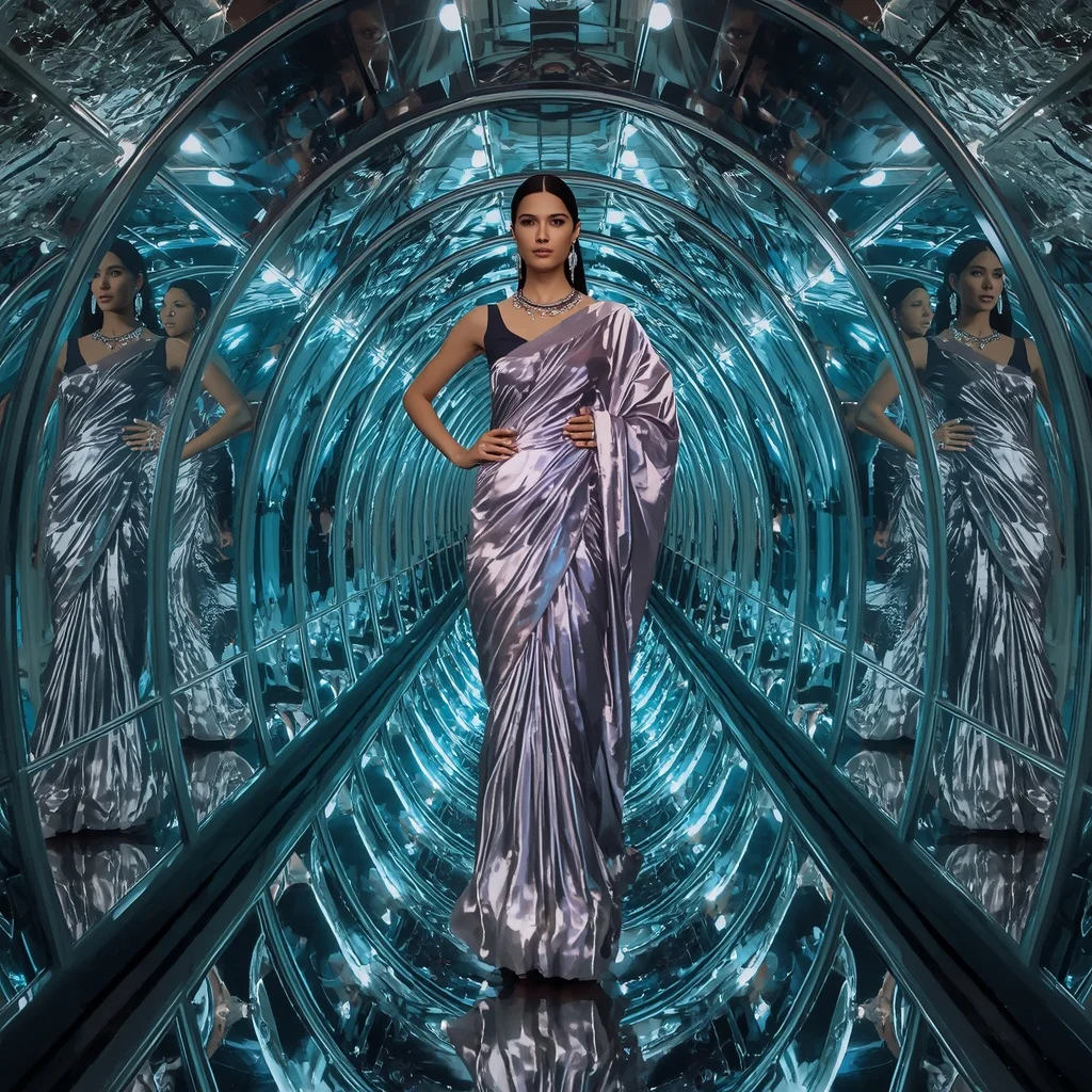 Infinite Mirror Silk Saree with Recursive Light Hall | Girl Photo Prompt Gemini