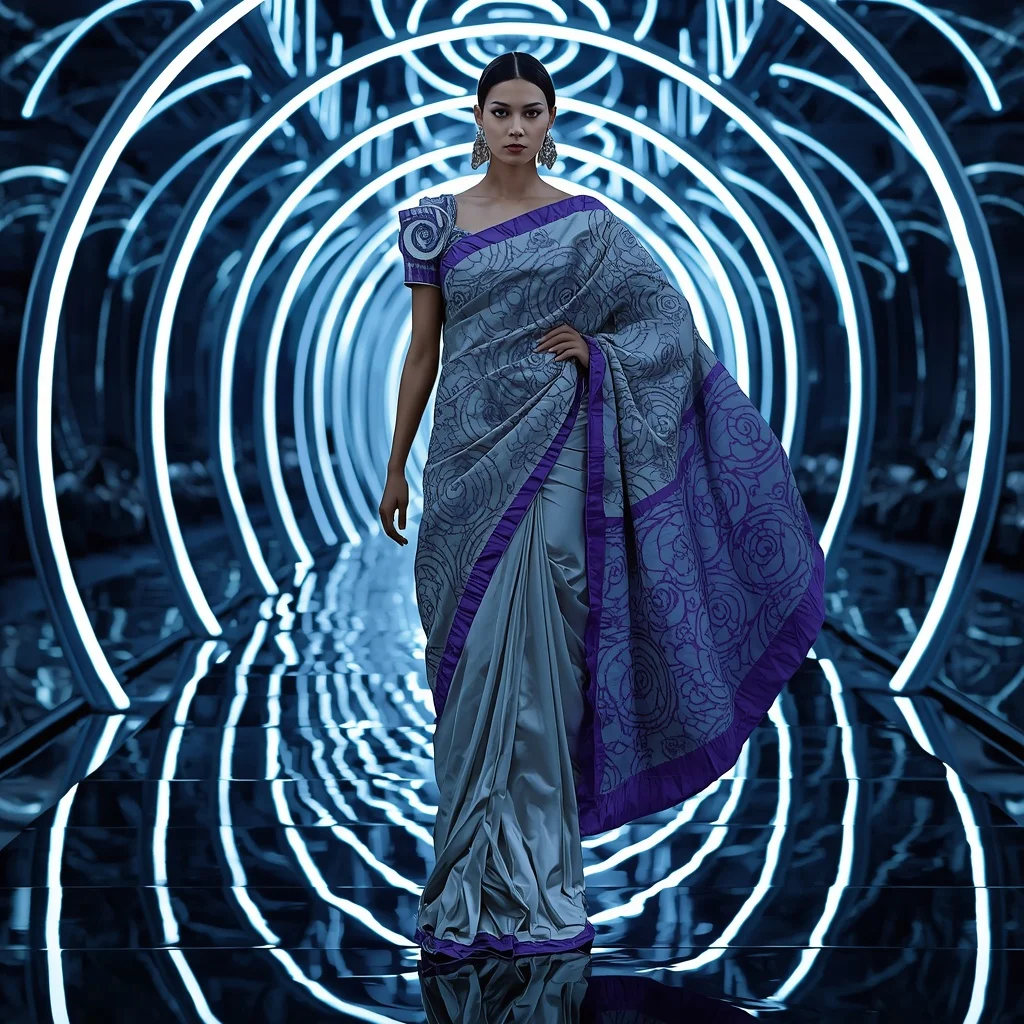 Infinite Mirror Spiral Saree with Recursive Light Tunnel | Prompt Seen Girl Photo Editing Trending Instagram