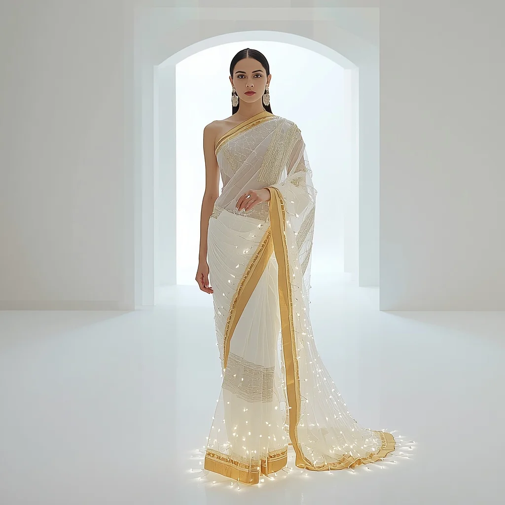 Infinite Void Light Weave Saree with Zero Horizon Hall | Prompt For Traditional Look For Girl
