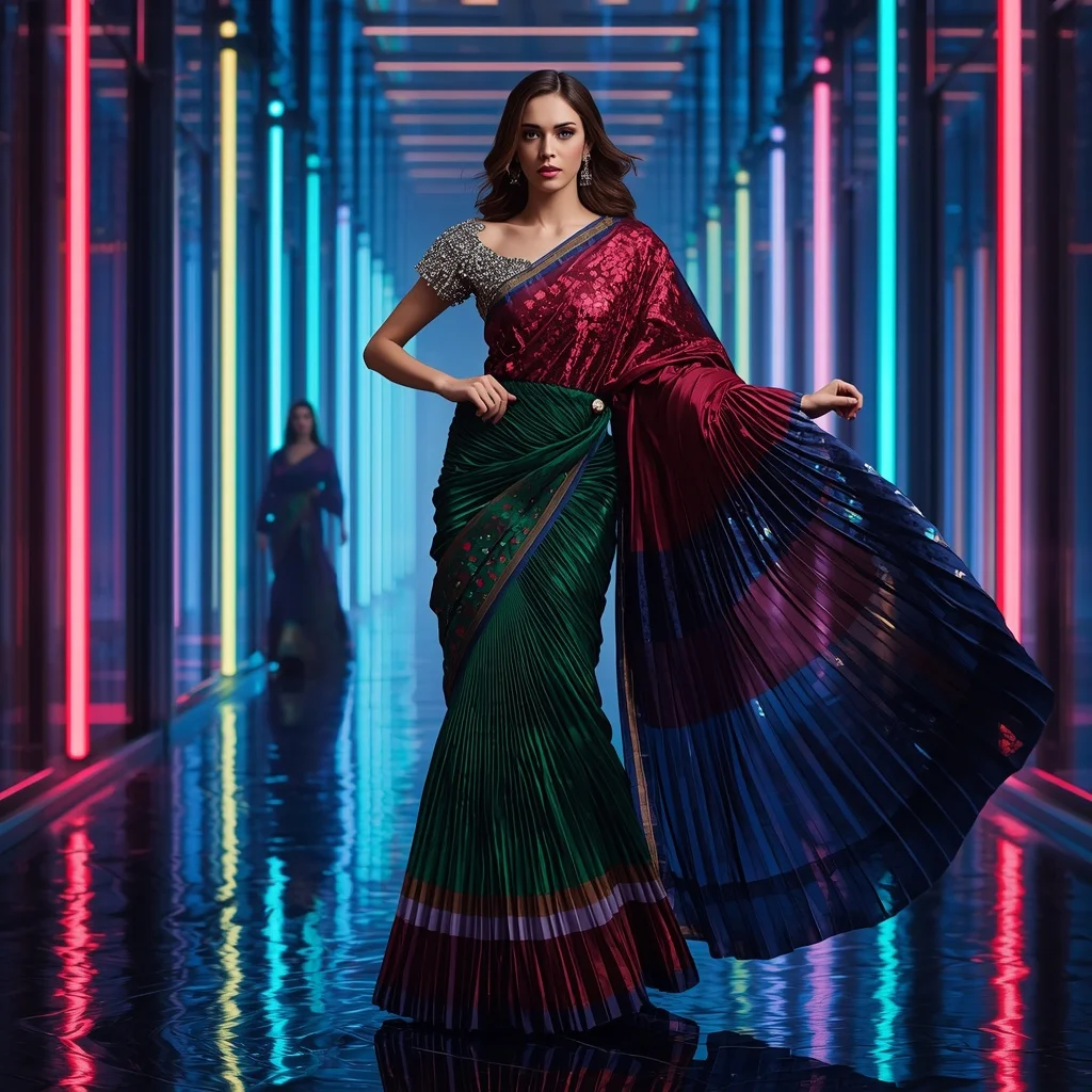 Infinity Royale Celestial Eclipse Saree with Dynamic Neon Skyline Galaxies | Ai Image Prompt