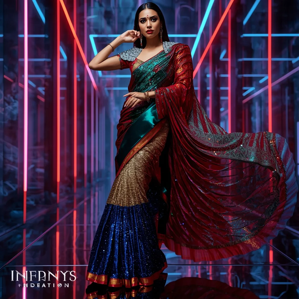 Infinity Royale Celestial Mirage Saree with Dynamic Neon Skyline Universes | Image To Prompt