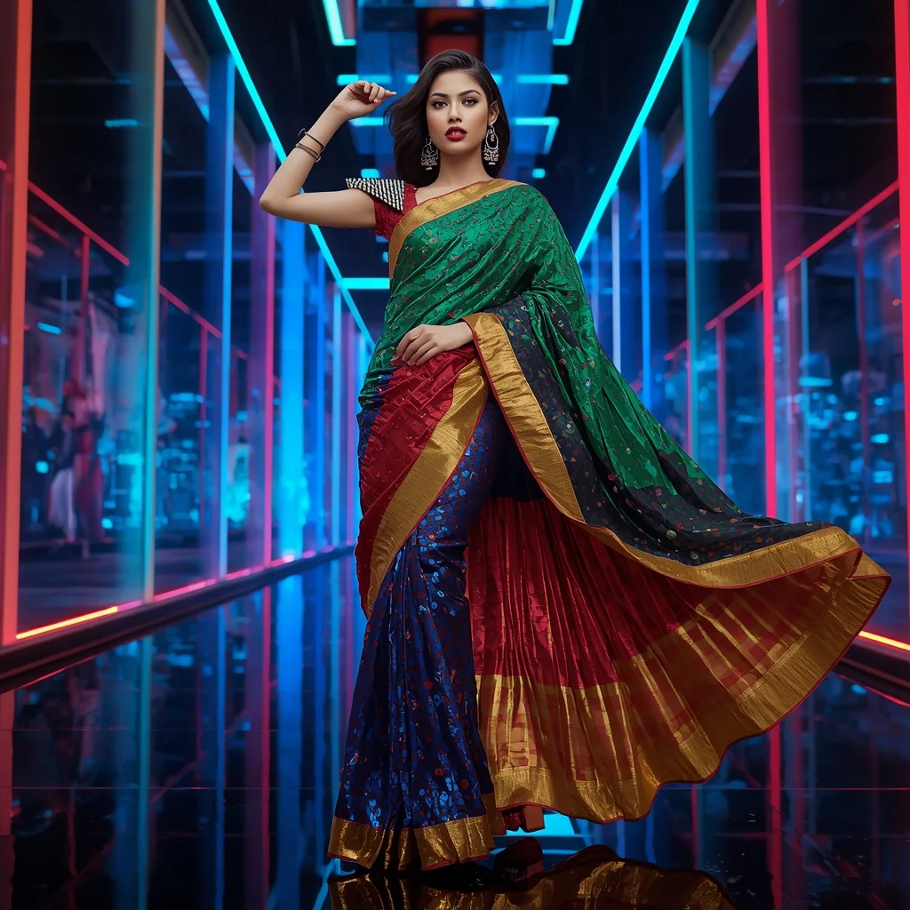 Infinity Royale Celestial Saree with Dynamic Neon Skyline Architecture | Wedding Ai Prompt