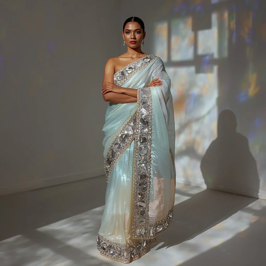 Iridescent Opal Organza Saree with Massive Glass-Cut Beads | Text To Image Prompt