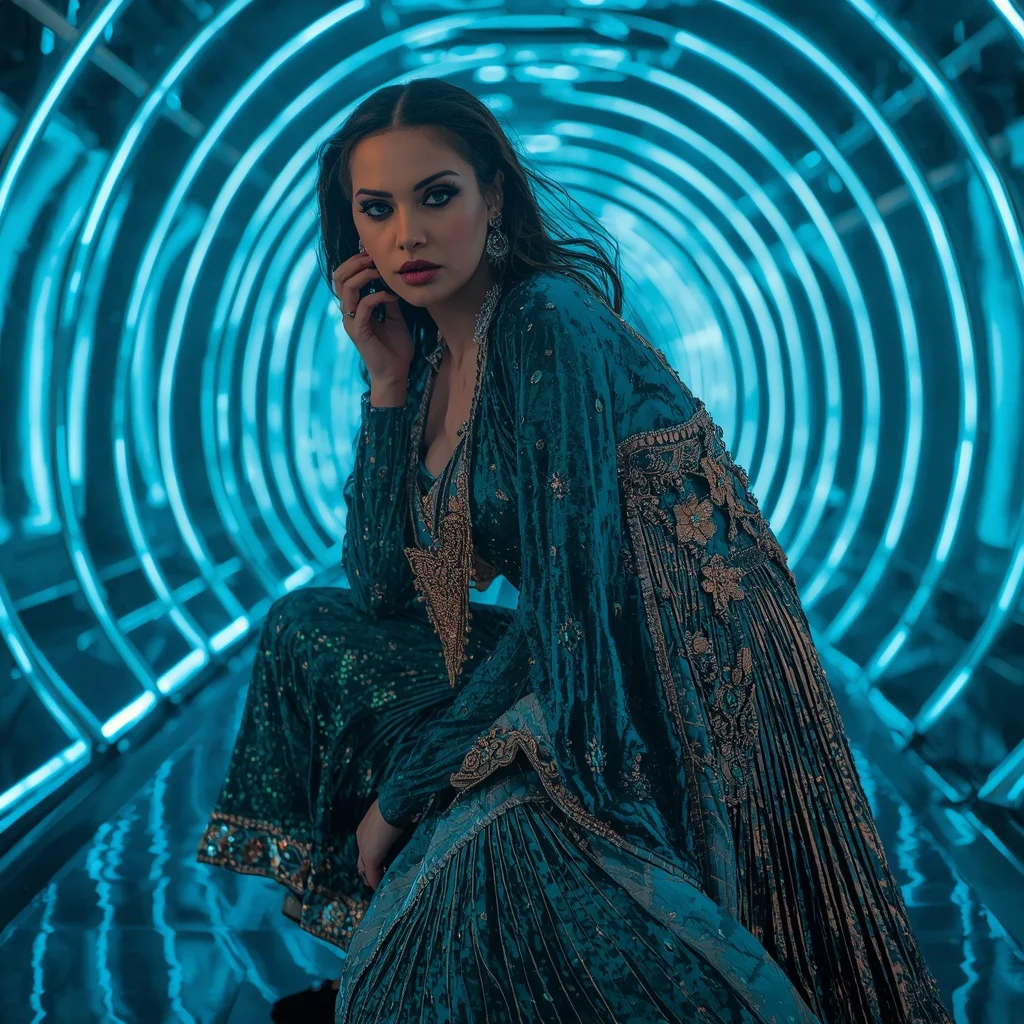 Iridescent Peacock and Chrome-Pleat Saree in Curve Corridor | Gemini Ai Photo Prompt