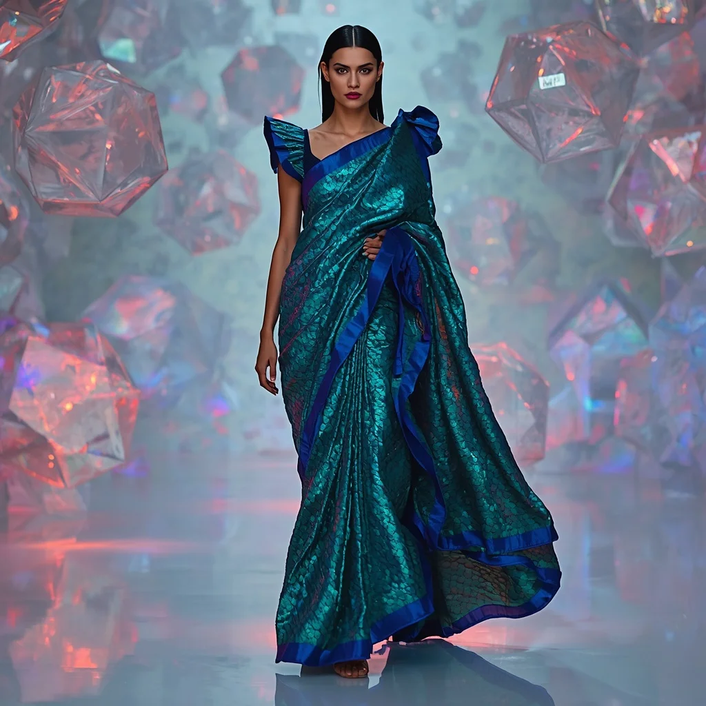 Iridescent Peacock-Scale Sequin Saree with Avant-Garde Draping | Prompt Seen Girl Kurti