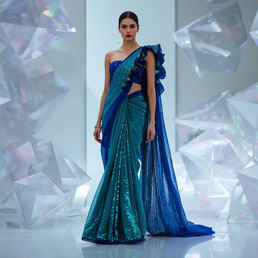 Iridescent Teal-Scale Sequin Saree with Avant-Garde Draping | Ai Art Prompt