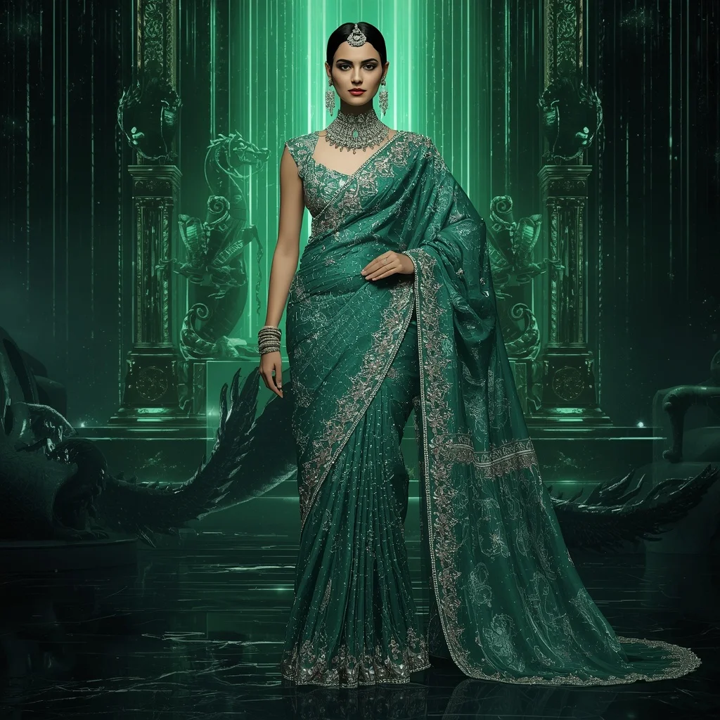 Jade Dragon Maharani Saree with Emerald Crystal Empires and Imperial Dragon Cosmos | Instagram Influencer Ai Prompt
