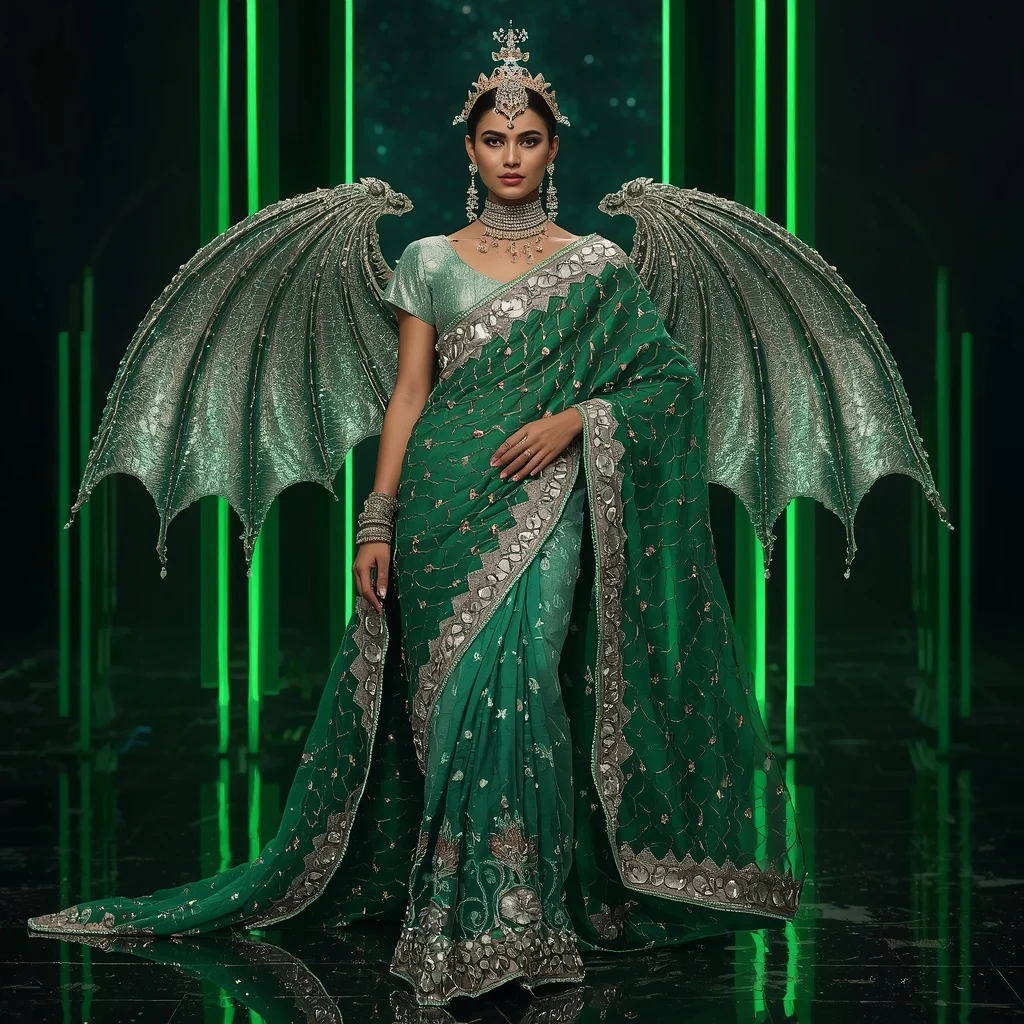 Jade Dragon Sovereign Saree with Emerald Crystal Universes and Imperial Dragon Realm | Female Model Ai Prompt