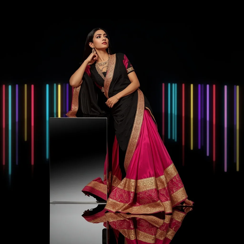 Jet Black and Neon Pink Dual-Tone Silk Saree with Heavy Gold Hardware | Best Ai Prompt 2026