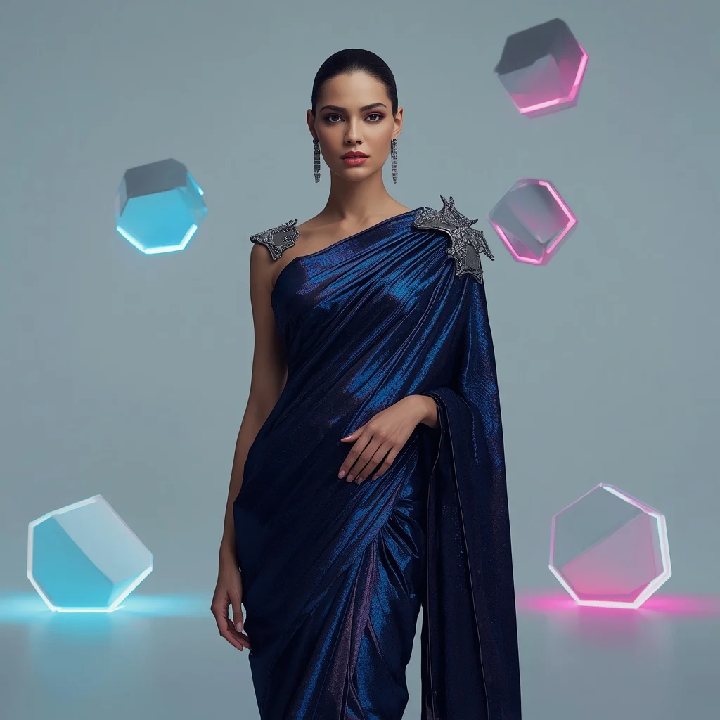 Kinetic Neon-Cyber Saree with Sculpted Metallic Shoulders | Modern Design Ai Prompt