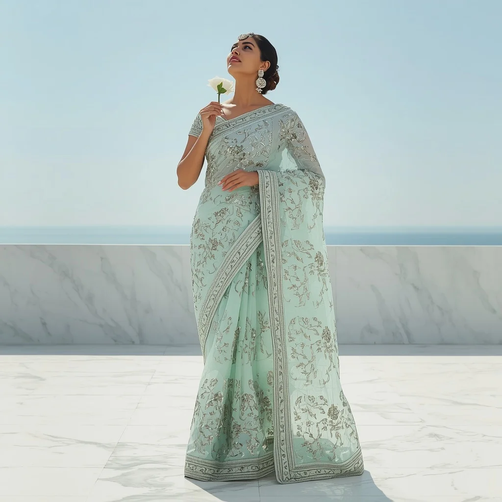 Laser-Cut Metallic Foil Seafoam Green Saree | Poised Looking Up Pose | New Instagram Trend Prompt For Girl And Boy Aesthetic