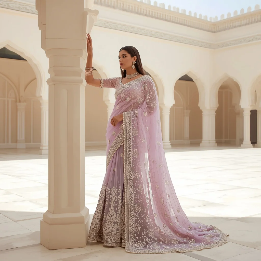Lavender Massive Pearl Drop & Cutwork Border Saree | Leaning on Arch Pose Advanced Design | Realistic Ai Prompt