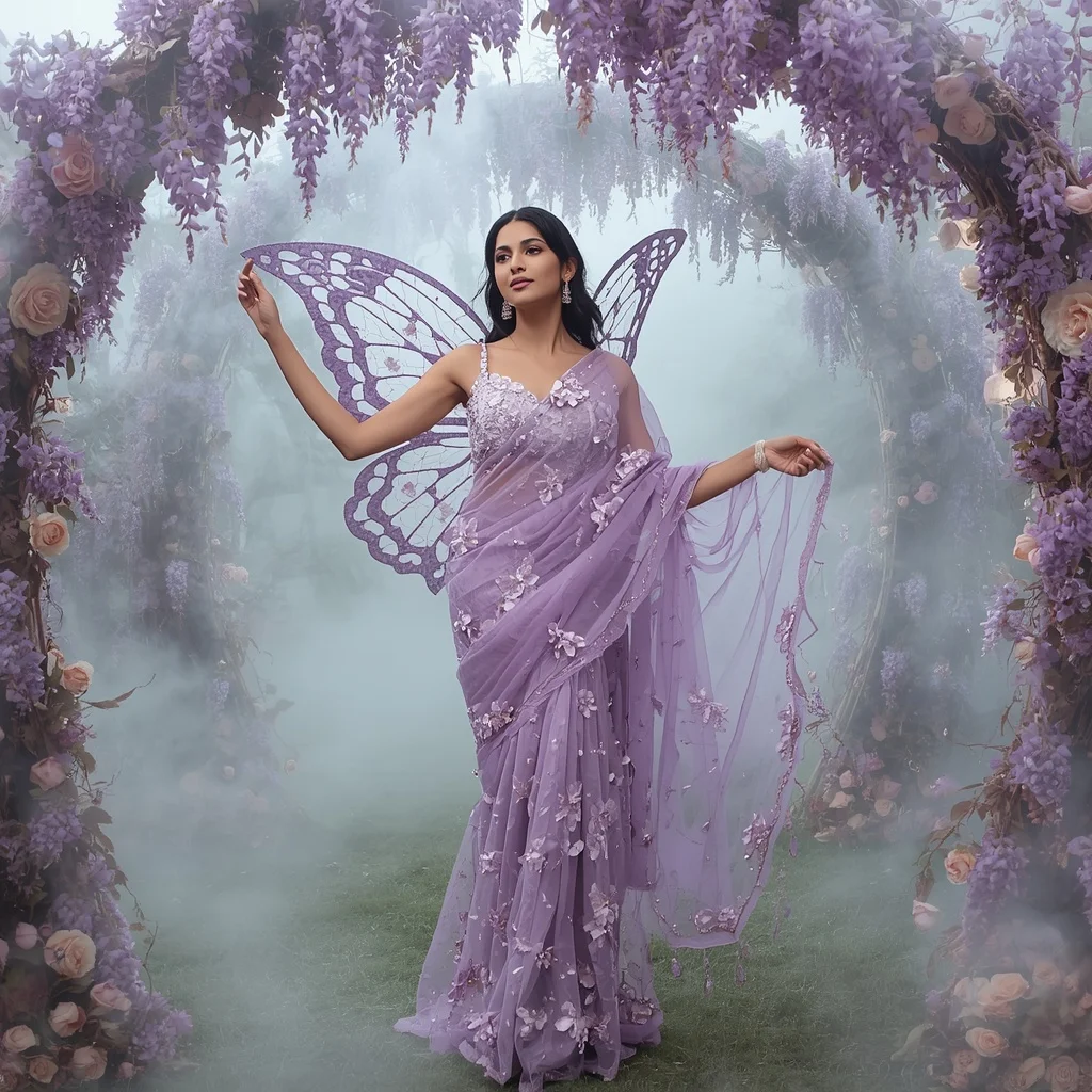 Lavender Mist Wisteria Butterfly Saree with Dreamy Floral Arches Background | Text To Image Prompt