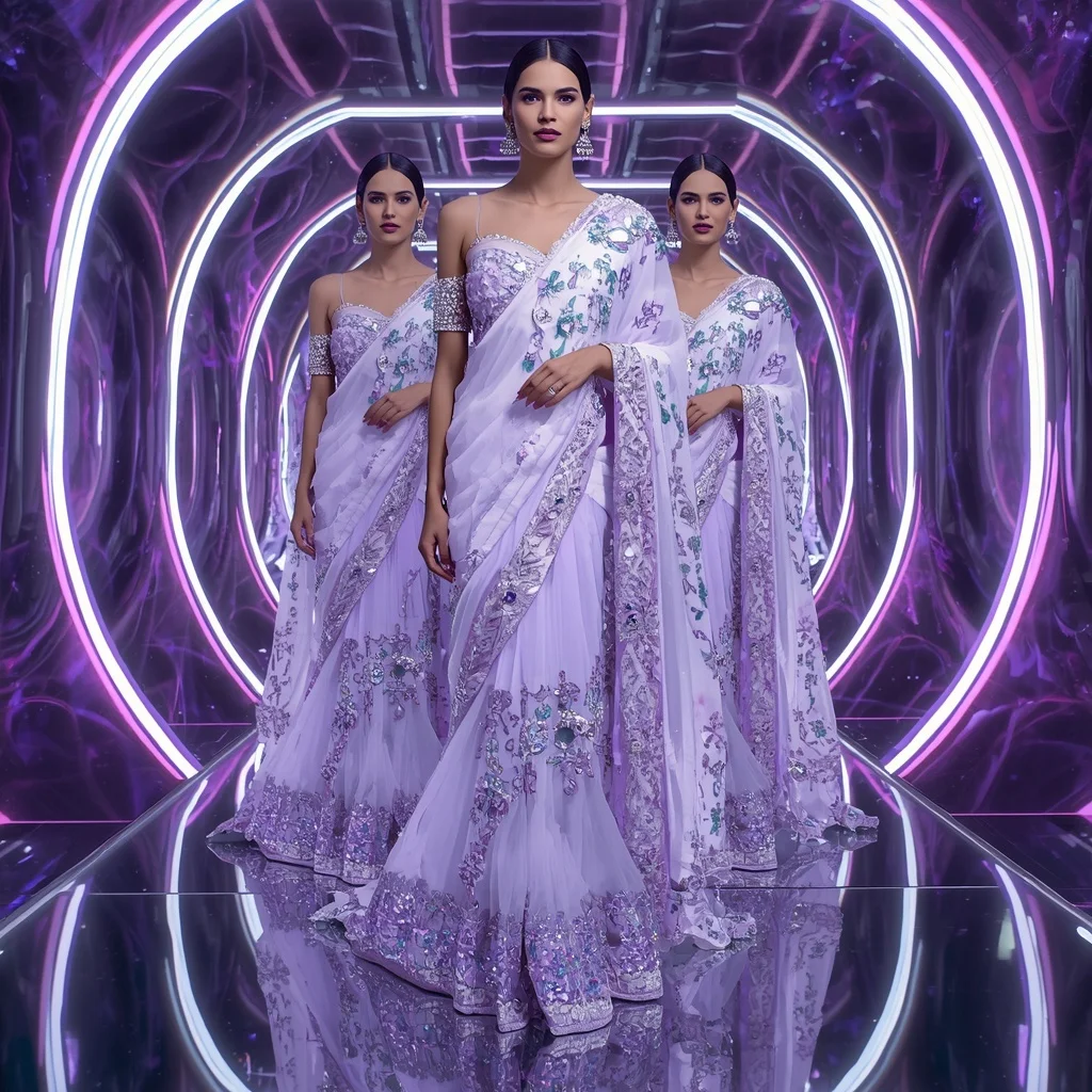 Lavender Moonlight Infinity Saree with Floating Glamour Poses and Neon Reflection Megaverse | Instagram Post Ai Prompt