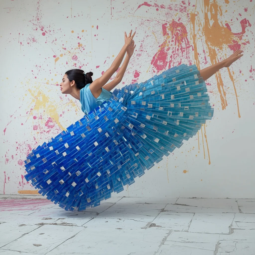 Layered Cobalt Glass Slabs & Industrial Riveted Steel Mesh Pastel Aqua Saree | Diagonal Mid-Air Dive Pose | Art Ai Prompt