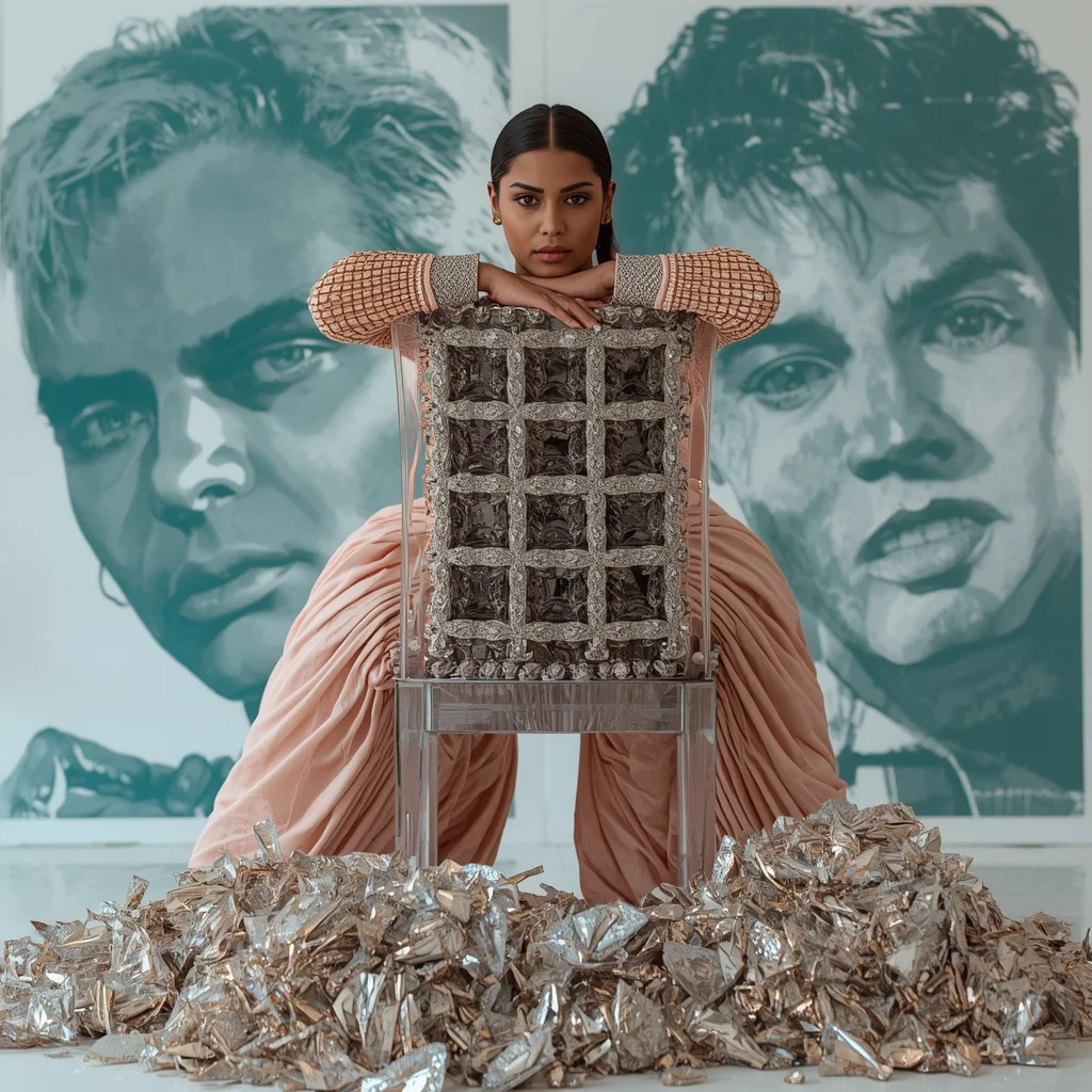 Layered Raw Hematite Shards & Gilded Silver Block Grid Pastel Shell Pink Saree | Reverse Chair Straddle Pose | Prompt For Traditional Look For Girl Chatgpt Instagram