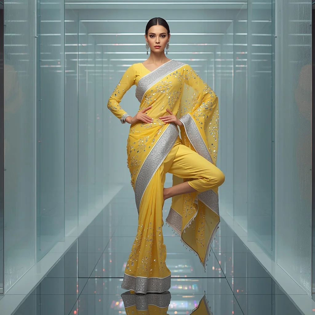 Lemon Yellow Heavy Gota Patti and Mirror Fusion Saree | Ai Prompt For Instagram