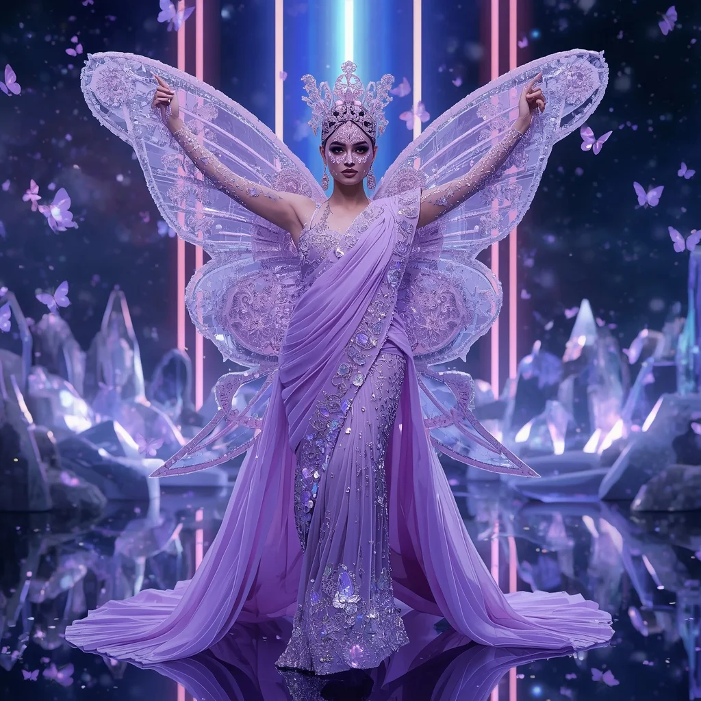Lilac Fairy Empress Saree with Butterfly Crystal Kingdoms and Aurora Dream Multiverse | Indian Girl Ai Prompt